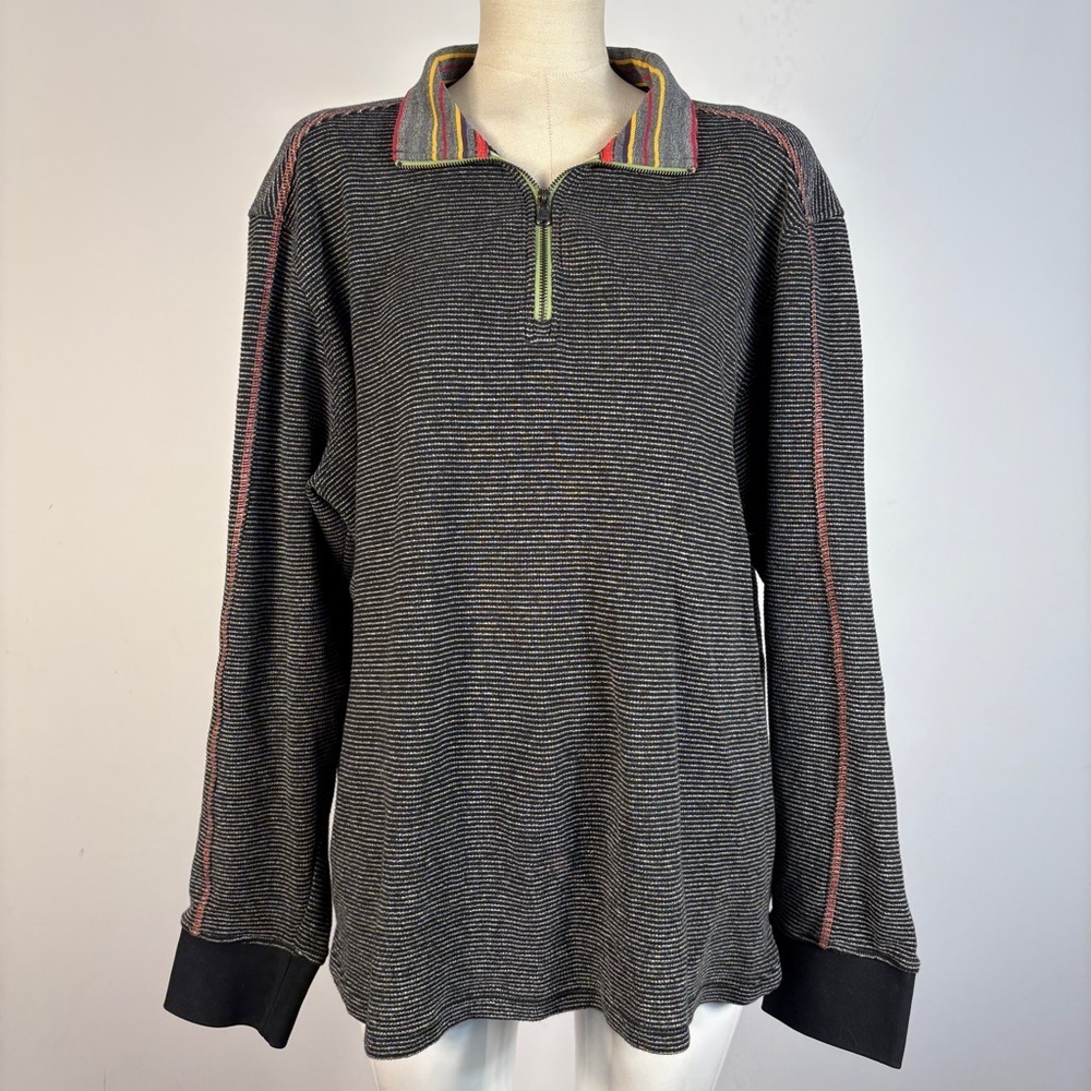 Robert Graham Gray Striped 1/4 Zip Pullover Contrast Collar Flip Cuff Size L